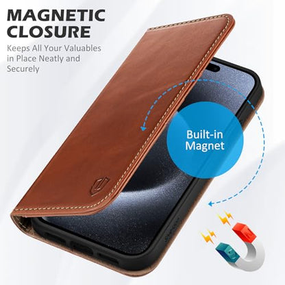 SHIELDON Genuine Leather Case Wallet for iPhone 15 Pro Max, Retro Brown | Magnetic Closure, RFID Blocking, Credit Card Slot, Kickstand, Flip Book Design, Shockproof TPU Phone Cover - color: Retro Brown