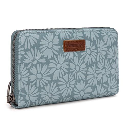 Wrangler Womens Daisy Wallet Large Wallets for Women Bifold Wallets, Card Cases & Money Organizers Ladies Female Wallet with RFID Lining and ID Window - color: Solid Daisy-Blue