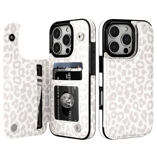 HAOPINSH for iPhone 16 Pro Case Wallet with Card Holder, White Leopard Cheetah Pattern Back Flip Folio PU Leather Kickstand Card Slots Case for Women Girls, Double Shockproof 6.3" - color: White Leopard