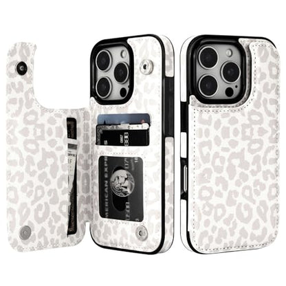 HAOPINSH for iPhone 16 Pro Case Wallet with Card Holder, White Leopard Cheetah Pattern Back Flip Folio PU Leather Kickstand Card Slots Case for Women Girls, Double Shockproof 6.3" - color: White Leopard