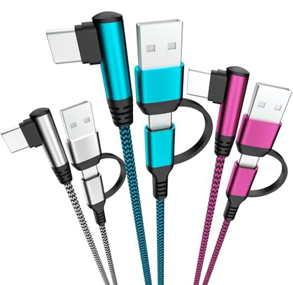 QQLIKE USB-C Cable,60W 90° Angle Cord [3-Pack,6FT] 2in1 USB A/C to USB-C