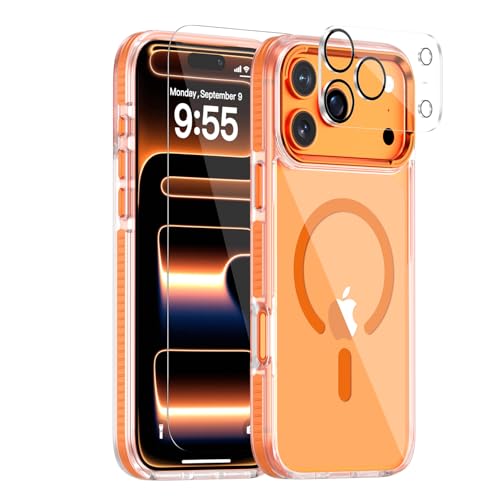 for iPhone 17 Pro Max Clear Case,Compatible with MagSafe,Anti-Yellowing Transparent Phone Case with Orange Anti-Slip Bumper,Shockproof Protection,Screen & Lens Protector Cover - color: A5-Clear Orange Anti-slip, size: iPhone 17 pro Max (6.9")