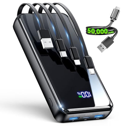 YILANS Portable Charger 50000mAh, 22.5W Power Bank with Built-in 4 Cables - color: Black
