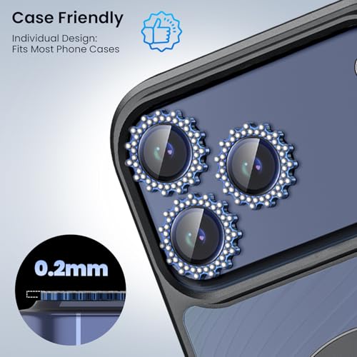 Compatible for iPhone 17 Pro/17 Pro Max Camera Lens Protector, Explosion-Proof 9H Tempered Glass with Diamond Gear Metal Ring, HD Anti-Scratch Lens Protection Decoration Accessories (Blue)