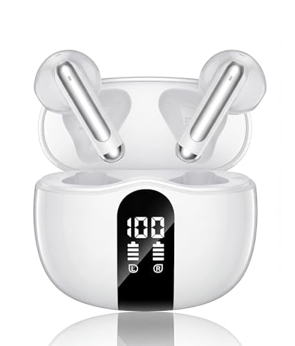 Wireless Earbuds, 2026 Bluetooth 5.4 Headphones Bass Stereo Ear Buds with Noise Cancelling Mic, LED Display in Ear Earphones 50H Playtime Ear Buds, IP7 Waterproof for Laptop Pad Phones Pure White