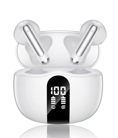 Wireless Earbuds, 2026 Bluetooth 5.4 Headphones Bass Stereo Ear Buds with Noise Cancelling Mic, LED Display in Ear Earphones 50H Playtime Ear Buds, IP7 Waterproof for Laptop Pad Phones Pure White