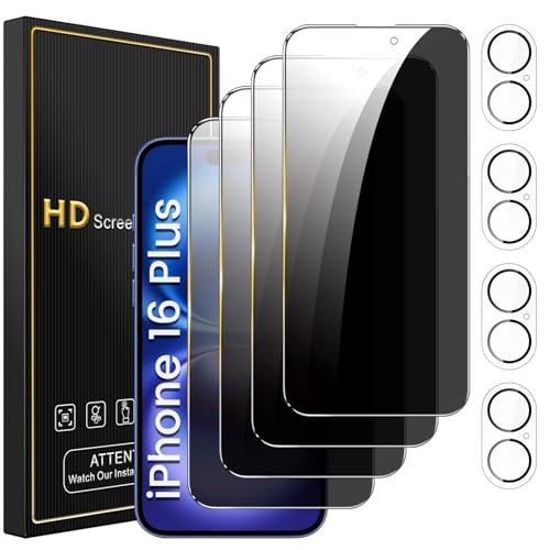 Romkasi 4 Pack Privacy Screen Protector for iPhone 16 Plus 6.7 Inch with 4 Pack Camera Lens Protector, Anti Spy Tempered Glass Film, Anti-Scratch, Touch Sensitive, Case Friendly - color: iPhone 16 Plus
