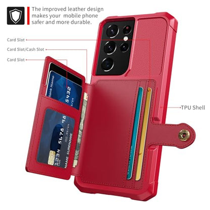 Wallet Case for Samsung Galaxy S21 Ultra, Compatible with Magnetic Car Mount, Heavy Duty Shockproof Rugged Soft TPU Back Leather Flip Credit Card Holder Cover 6.8 inch, Red | Compatible with Magnetic Car Mount, Shockproof Rugged Soft TPU Hard Back Leather