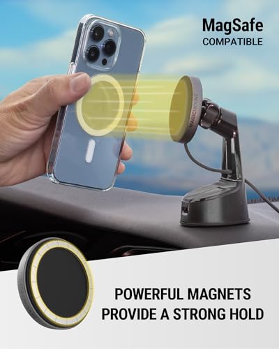 Scosche MagicMount Charge Pro Qi2 Fast Wireless Charging MagSafe Car Mount Charger, 15W Magnetic Cell Phone Holder for Car Dashboard/Windshield Compatible with iPhone 16/15/14/13/12 Pro Max Plus, S25 - size: Circle, style: Window / Dash Suction