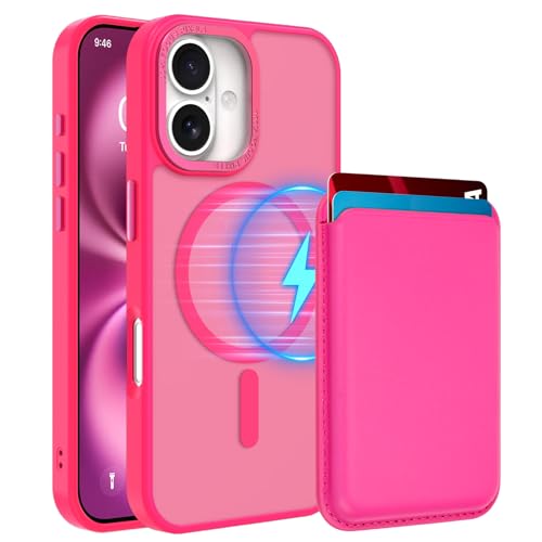 Magnetic Designed for iPhone 16 Case 6.1" 2024, Hot Pink | [Compatible with Magsafe] [with Wallet & Card Holder] [Military Drop Protection] Slim Translucent Matte Phone Case - color: Hot Pink, size: iPhone 16