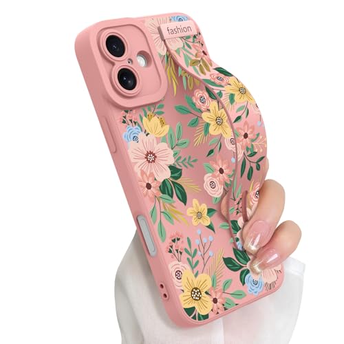 Cute Floral Flower Case for iPhone 16 with Finger Hand Strap | Pattern Design Phone Case with Adjustable Wristband Kickstand, Soft Slim TPU Protective Cover for Women Girls, Pink - color: Pink Blossom, size: iPhone 16