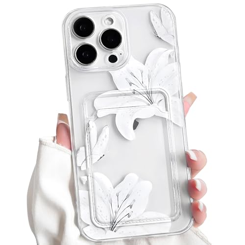 NITITOP Compatible with iPhone 13 Pro Case with Card Holder Clear Cute Floral Lily Flowers Butterfly for Women Girls Soft TPU Shockproof Wallet Case Protective Phone Cover - White - color: White, size: iPhone 13 Pro