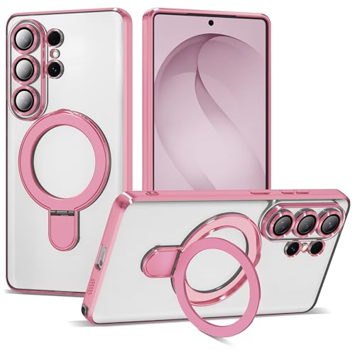 Compatible with Samsung Galaxy S26 Ultra Case with Magnetic Ring Stand [Compatible with Mag-Safe] [Full Camera Lens Protector] Plating Clear Phone Case for S26 Ultra 6.9", Pink - color: Pink, size: Samsung Galaxy S26 Ultra