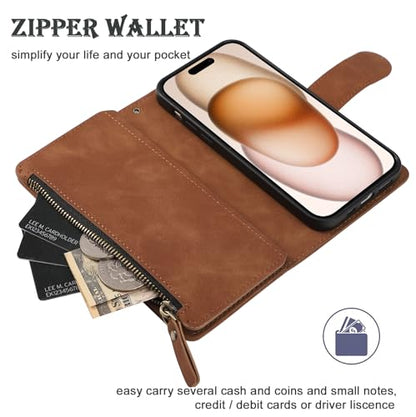 RANYOK Wallet Case for iPhone 15 (6.1 inch) with RFID Blocking Credit Card Holder, Premium PU Leather [Zipper Pocket] Flip Folio Case Wallet with Wrist Strap Kickstand Protective (Brown) - color: Brown