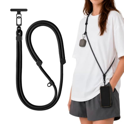 Adjustable Crossbody Phone Lanyard, Braided Cord with Tether Tab - color: Black