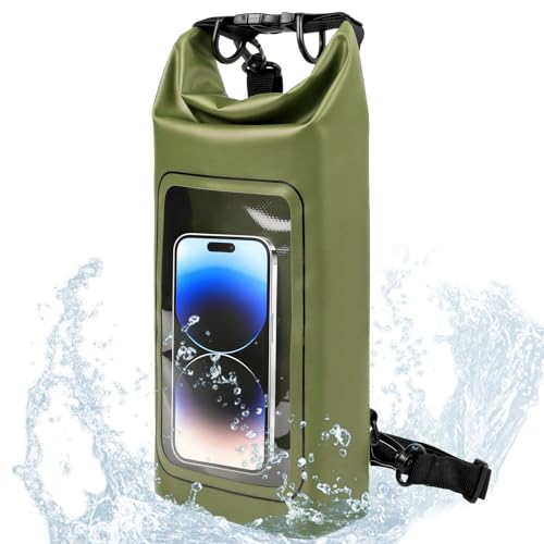 Waterproof Dry Bag, 2L Roll Top Waterproof Bag IPX8 with Crossbody Strap, Phone Clear Window, Phone Pouch Water Protector for Camp Beach Travel, Cruise Essentials, Kayak Accessories (Army Green) - color: Army green dry bag 2L