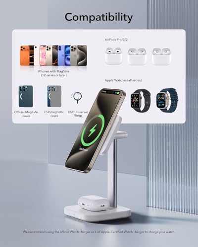 ESR 2 in 1 Magsafe Charger Stand, Wireless Charger Stand for iPhone [Certified], Magsafe Wireless Charging for Multiple Devices iPhone 17e/17/16/15/14/13/12, Apple Watch& AirPods 4/3, White
