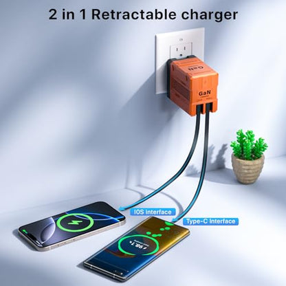 2 in 1 Retractable Gan Wall Charger with Dual Cables, Fast Charging 45W Retractable Phone Charger Wall Plug with 2 Charging Cable, USB C Chargers Block for iPhone 17 16 15 14 13, LG,Pixel - color: Orange
