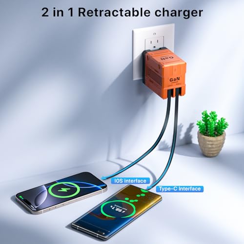2 in 1 Retractable Gan Wall Charger with Dual Cables, Fast Charging 45W Retractable Phone Charger Wall Plug with 2 Charging Cable, USB C Chargers Block for iPhone 17 16 15 14 13, LG,Pixel - color: Orange