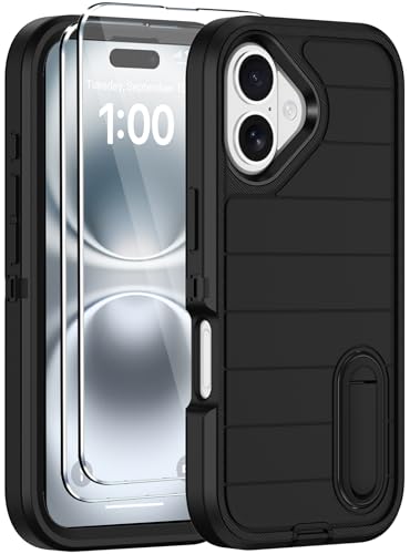 for iPhone 16 Case with Screen Protector, Heavy Duty Shockproof Drop Protection Military Grade Tri-Layer Full Covered Rugged Durable Cell Phone Cover with Built-in Invisible Kickstand 6.1" (Black) - color: Black
