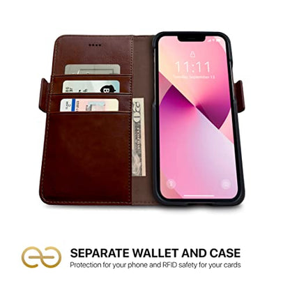 Dreem Vegan Leather Magnetic Detachable Wallet Case for iPhone 13 Coffee | Built-in Phone Stand, RFID Blocking Card Holder Flip Cover, MagSafe Compatible, Gift Box [Fibonacci: Coffee] - color: Coffee, size: iPhone 13