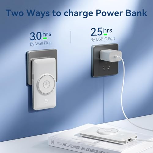 Magnetic 10000mAh Portable Charger for iWatch & iPhone, PD Fast Charging Wireless Power Bank Built-in Cables and Wall Plug, External Travel Battery Pack Compatible with iOS Android Phones - color: White