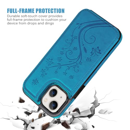 Wallet Case Compatible with iPhone 15,Slim Protective case with Card Holder,Premium PU Leather Kickstand Card Slots with Double Magnetic Clasp for iPhone 15(6.1")-Blue Butterfly - color: Blue