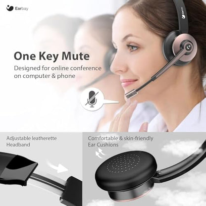 Earbay Wireless Headset, Bluetooth Headphones with Microphone Noise Canceling & Mute, Wireless Headset with Mic & USB Dongle/Charge Dock for Computer Phone Remote Work Office Call Center Teams