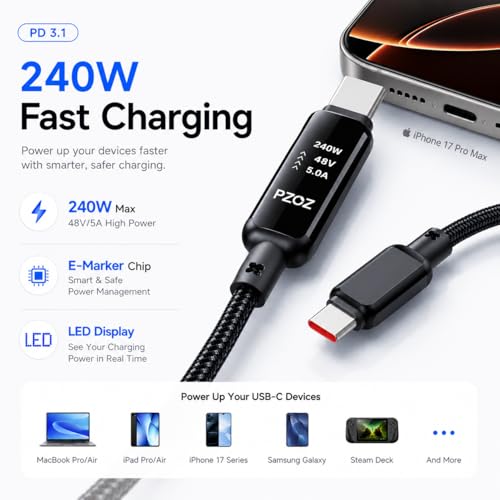 pzoz USB-C to USB-C Cable, 240W PD 3.1 Fast Charging with LED Display