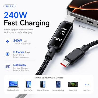 pzoz USB-C to USB-C Cable, 240W PD 3.1 Fast Charging with LED Display