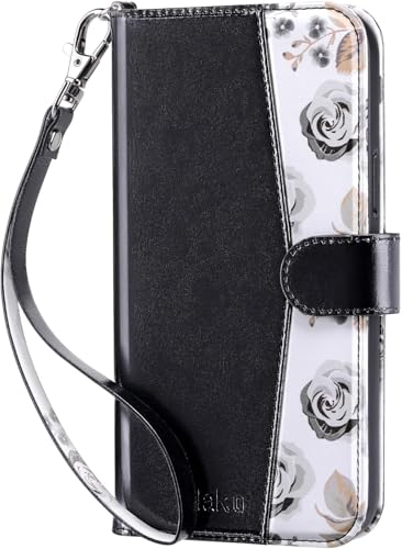 ULAK Compatible with iPhone 16 Pro Max Wallet Case Card Holder Black Flower | with Card Holder, [RFID Blocking] PU Leather Case Kickstand Card Slots Wrist Strap, Durable Shockproof Cover 6.9 Inch - color: Black, size: iPhone 16 Pro Max - 6.9 inch