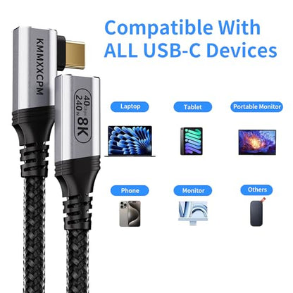 USB-C Right Angle Extension Cable 3.3FT Compatible with Thunderbolt 4/3,USB4 Extension 40Gbps Data Transfer,90 Degree USB C Male to Female Extender Cord,240W Fast Charging,8K/4K Video Display - size: 3.3FT
