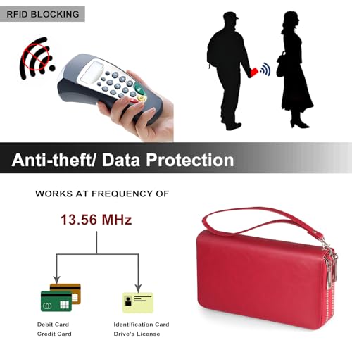 Women’s Wallet for Cell Phone Anti Theft Wristlet Bag with Strap RFID Blocking Double Zipper, Red - color: Red
