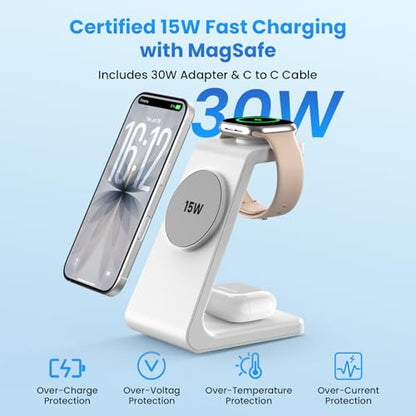 Magnetic Wireless Charging Station for iPhone: 3 in 1 15W Fast Charging for iPhone 17-12, Apple Watch & AirPods, N52 Magnets & 30W Adapter Included (Office/Bedside/Desk) - color: Matte White