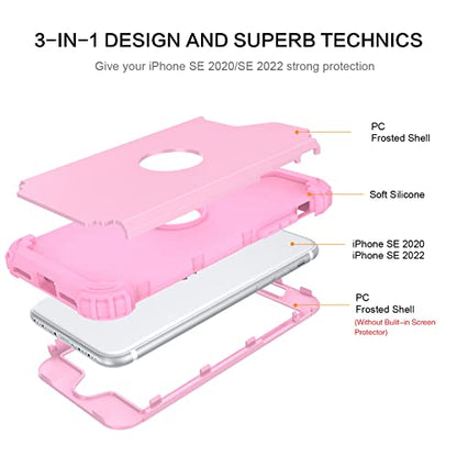 BENTOBEN for iPhone SE 2022 Phone Case and iPhone SE 2020 Case, Heavy Duty 3 in 1 Full Body Rugged Shockproof Hybrid Hard PC Soft Rubber Bumper Drop Protective Girls Women Boy Cover,Light Pink Design - color: Light Pink