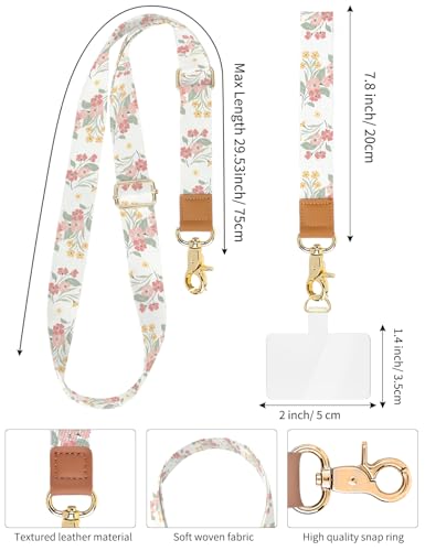 Phone Lanyard Crossbody Strap, Adjustable Neck Strap and Wristlet Strap for Phone Wallet ID Badge with 2 Phone Tabs - color: Beige Flowers