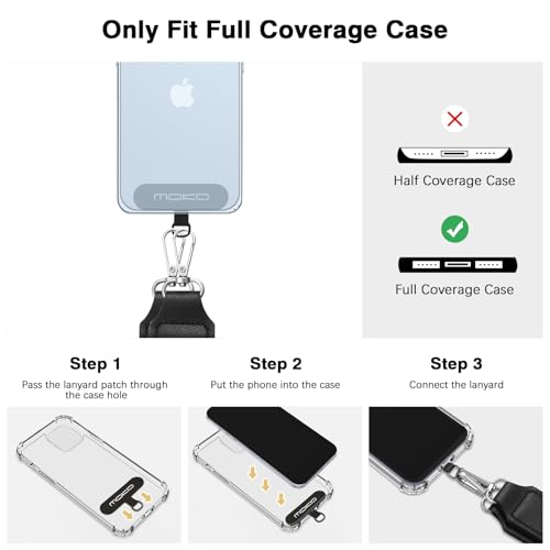 MoKo Universal Phone Lanyard, Phone Crossbody Strap with Detachable Pouch, Adjustable Cellphone Lanyard Crossbody Around the Neck with Patches for iPhone, Samsung, Most Smartphones, Black