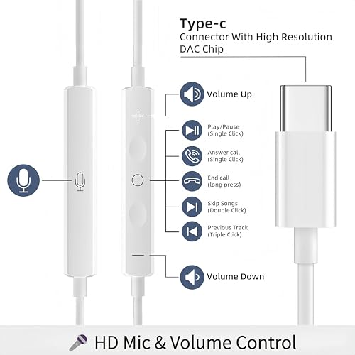 5 Pack Upgraded USB C Headphones for iPhone 17/16/15 Pro Max iPad Plus TypeC Earphones with Microphone Volume Control USBC Wired Earbuds USB Type C Earphone for Samsung S26/S25(1.2M/4Ft)