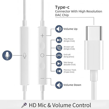 5 Pack Upgraded USB C Headphones for iPhone 17/16/15 Pro Max iPad Plus TypeC Earphones with Microphone Volume Control USBC Wired Earbuds USB Type C Earphone for Samsung S26/S25(1.2M/4Ft)