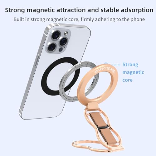 RESPECTED-BRO-Magnetic-Phone-Grip-Stand-with-Finger-Strap, 4-in-1 Magnetic Ring Holder, Kickstand and Elastic Strap for Phones, Universal Fit for iPhone 17/16/15/14/13/12, Android and Cases(Rose Gold) - color: Rose Gold