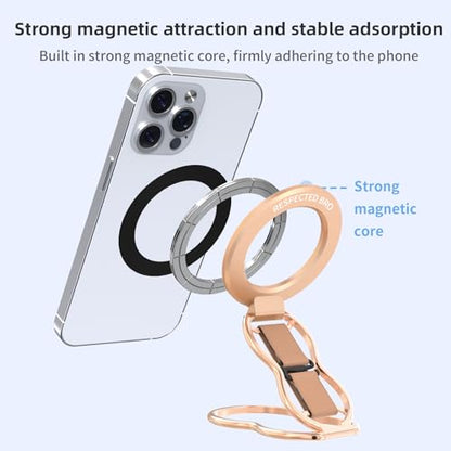 RESPECTED-BRO-Magnetic-Phone-Grip-Stand-with-Finger-Strap, 4-in-1 Magnetic Ring Holder, Kickstand and Elastic Strap for Phones, Universal Fit for iPhone 17/16/15/14/13/12, Android and Cases(Rose Gold) - color: Rose Gold