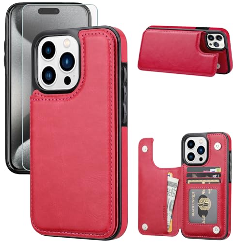 Compatible with iPhone 15 Pro Max 6.7” Wallet Case +1 Screen Protector, Slim Protective case with Card Holder, PU Leather Kickstand Card Slots Case -Rose Red - color: Rose Red