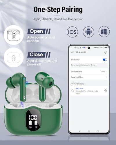 Wireless Earbuds, Bluetooth 5.4 Headphones Bass Stereo/Clear Calls, Green - color: Green
