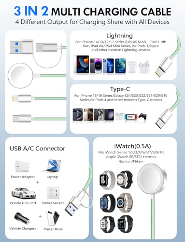 1Pack Travel Essentials for Apple Watch Charger,3-in-2 Multi Charging Cable - color: Green, size: 1Pack-4FT