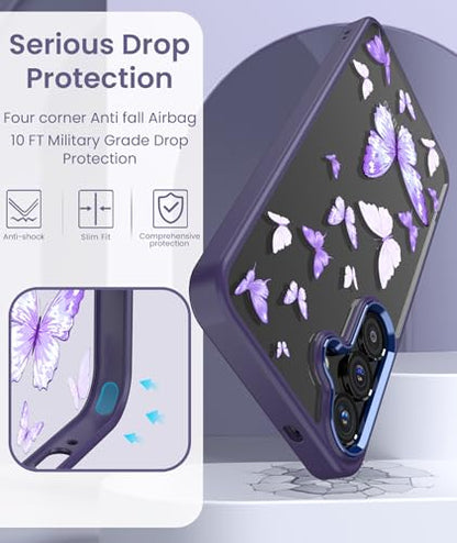Clear Flower Pattern Phone Case for Samsung Galaxy S26 FE-Butterfly | Girl Women Slim Soft TPU + Hard PC Military Grade Protective Phone Cover WithTempered Glass Screen Protector for S26 FE - color: S26 FE-Butterfly