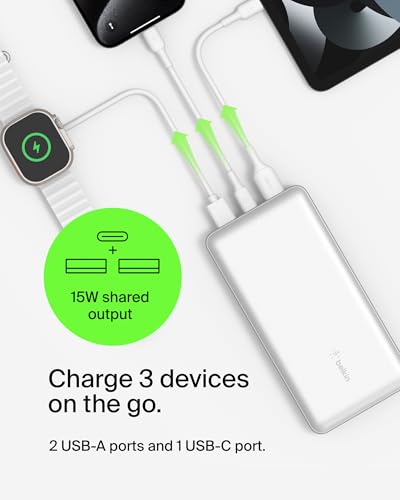 Belkin 20000mAh 15W 3 Port Power Bank, USB A to USB C Cable Included - color: White
