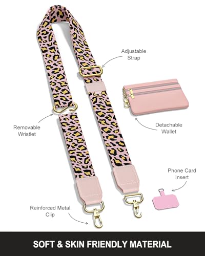 Nipichsha Crossbody Phone Strap with Wallet, Clip and Go Strap for Phone - color: Pink Leopard