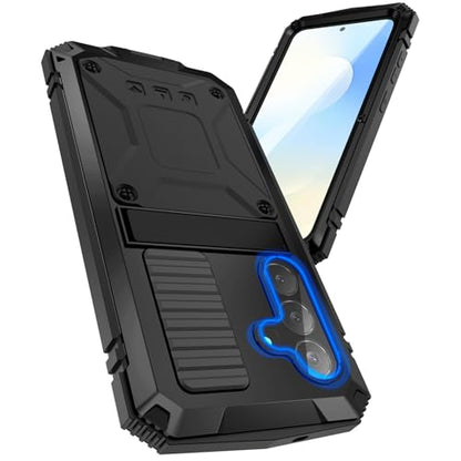 Simicoo for Samsung Galaxy S25 FE Metal Military Heavy Duty Case, Metallic Bumper Shockproof Dustproof Rugged Tough with Stand Screen Protector Camera Control Full Body Drop Protective Cover (Black) - color: Black