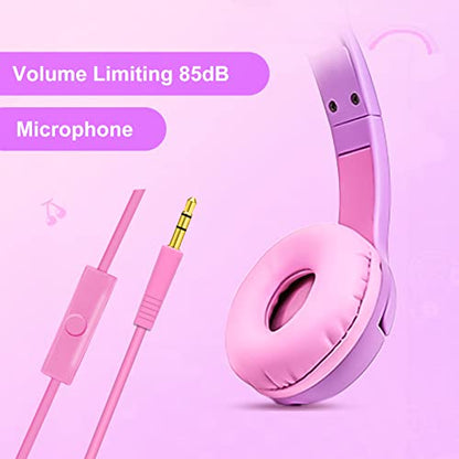 Olyre Kids Wired Headphones LED Light-Up Cat Ears Headset, Dual Audio Jack - color: Purple