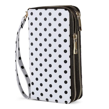 RFID Blocking Cellphone Wallet for Women with Removable Strap, Large Capacity Multi Card Wristlet Purse for Travel, Coin Pocket & Double Zipper, Polka Dot - color: Black Polka Dot